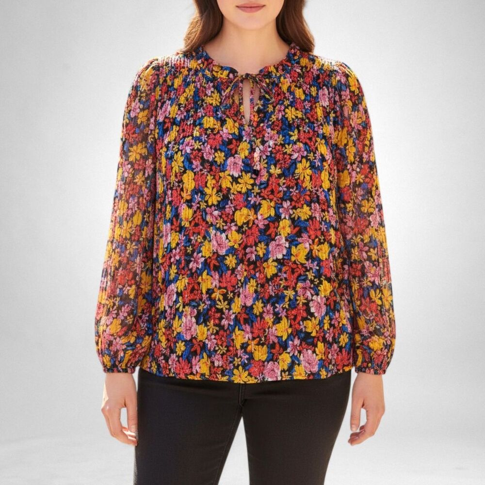 SKIES ARE BLUE Floral Pleated Tie Neck Lined Blouse, NEW! Size 1X - Picture 2 of 8